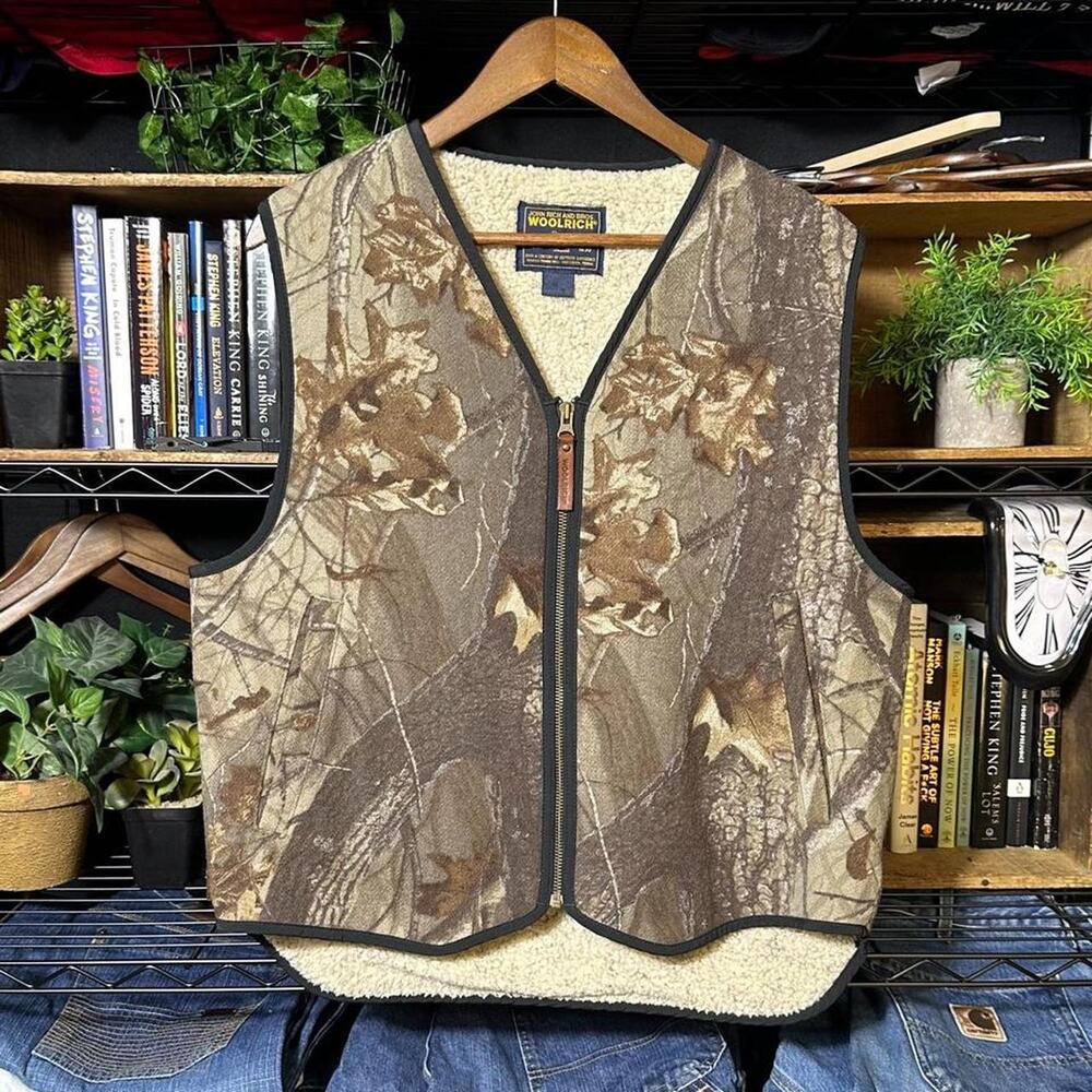 Vintage 90s Woolrich Camo Vest Brown Fleece Lined Realtree Camouflage Hiking